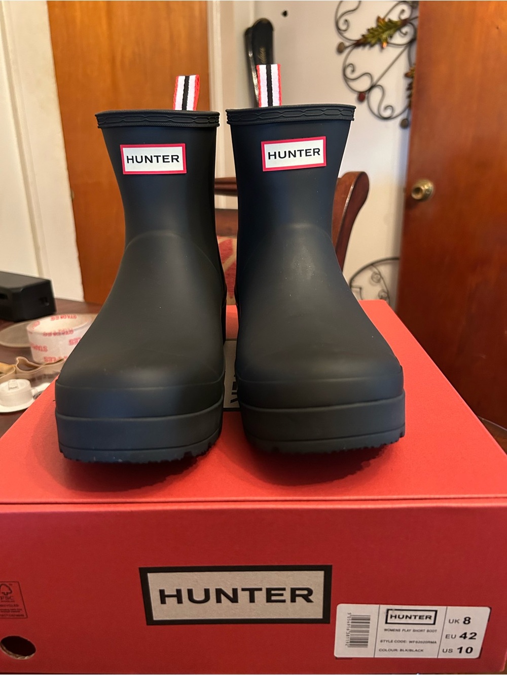 Hunter Black Short Rain Boots with Red-Trim Logo